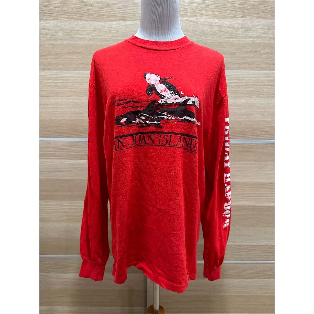 Vintage San Juan Islands Graphic Long Sleeve Shirt Red Unisex Size L